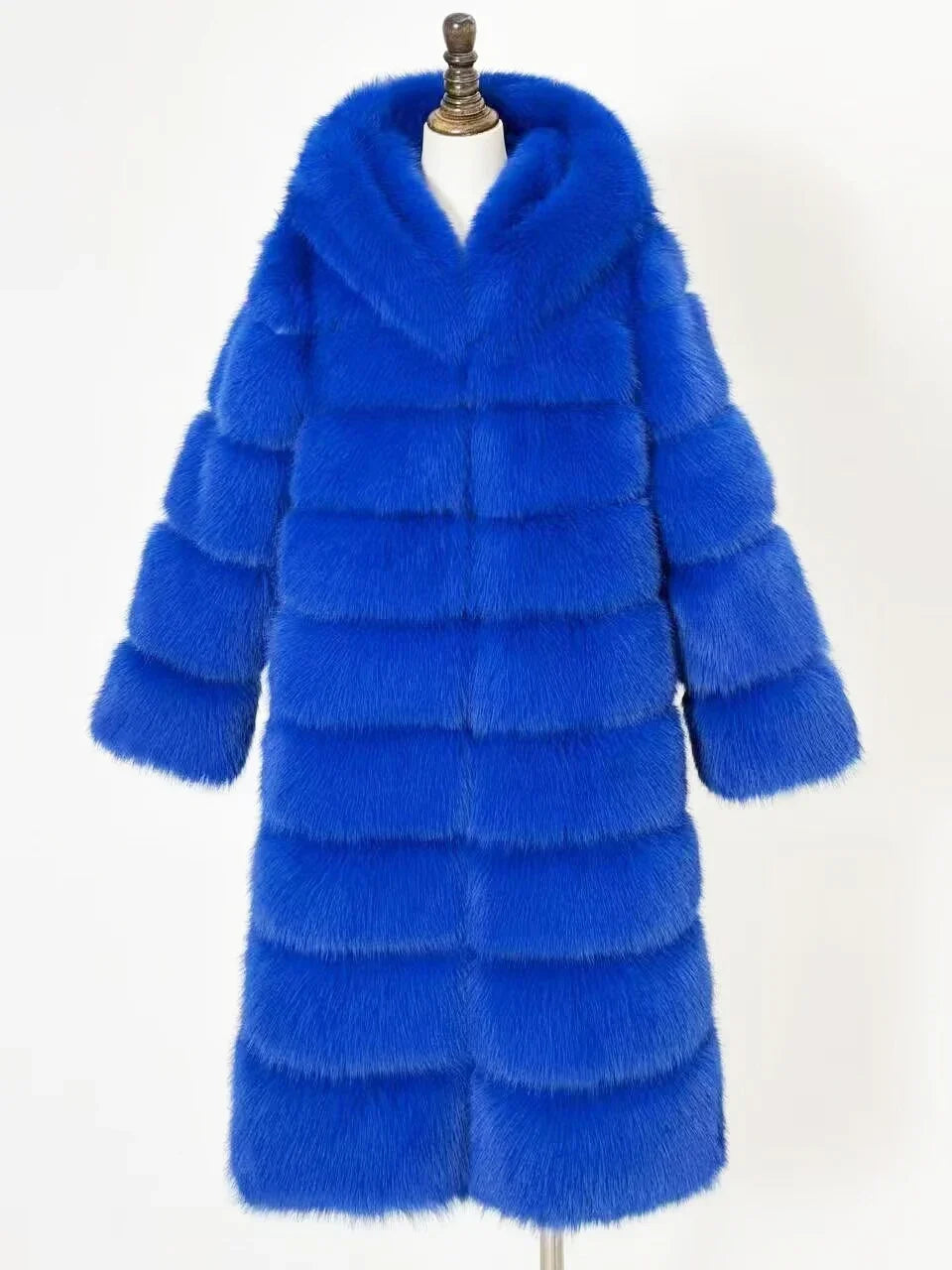 Damen Kunstfell Mantel mit Kapuze, blau
