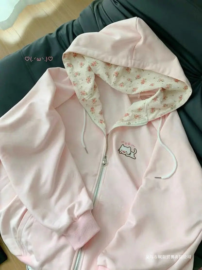 Damen Kapuzenjacke Reißverschluss Stickerei Rosa Grün