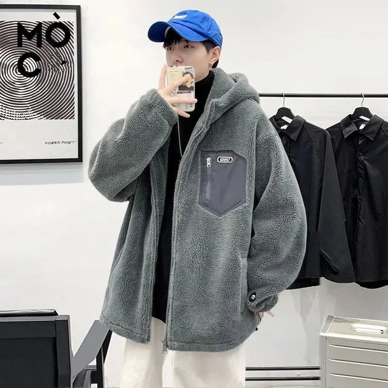 Unisex Kapuzen Fleecejacke Grau mit Brusttasche Reißverschluss
