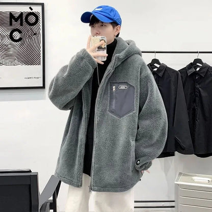 Unisex Kapuzen Fleecejacke Grau mit Brusttasche Reißverschluss