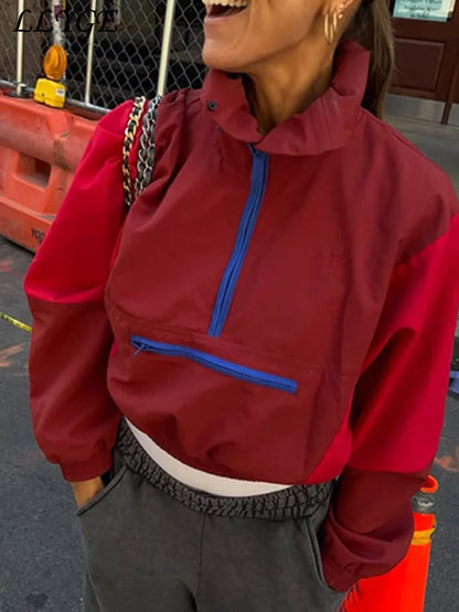 Damen Kurz Windbreaker Jacke Sportlich Halb-Reißverschluss Color Block