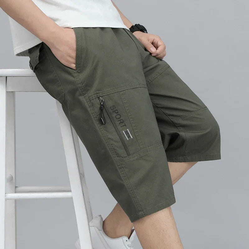 Herren Cargo Shorts Capri Hose Bermuda mit elastischem Bund & Taschen