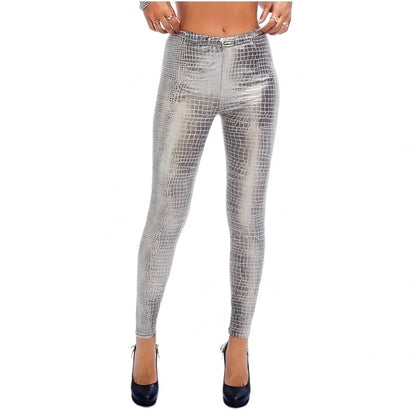 Damen Leggings mit Schlangenmuster Glänzend High Waist Silber