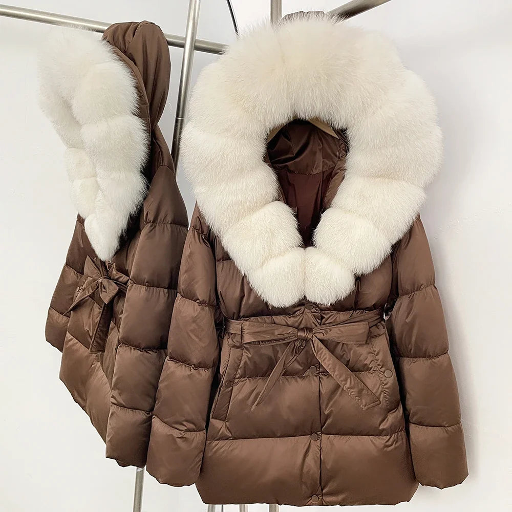 Damen Winter Steppjacke mit Kunstpelzkragen und Gürtel