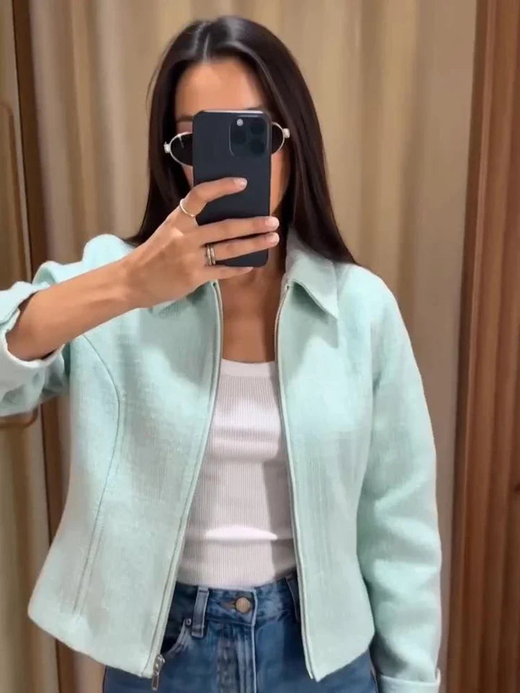 Damen Kurzjacke mintgrün mit Reißverschluss Kragen Tweed-Optik
