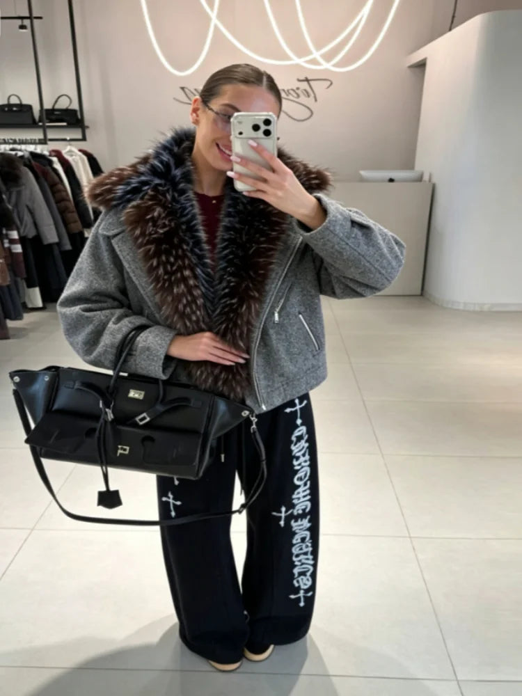 Damen Kurzjacke mit großem Fellkragen Reißverschluss Winter