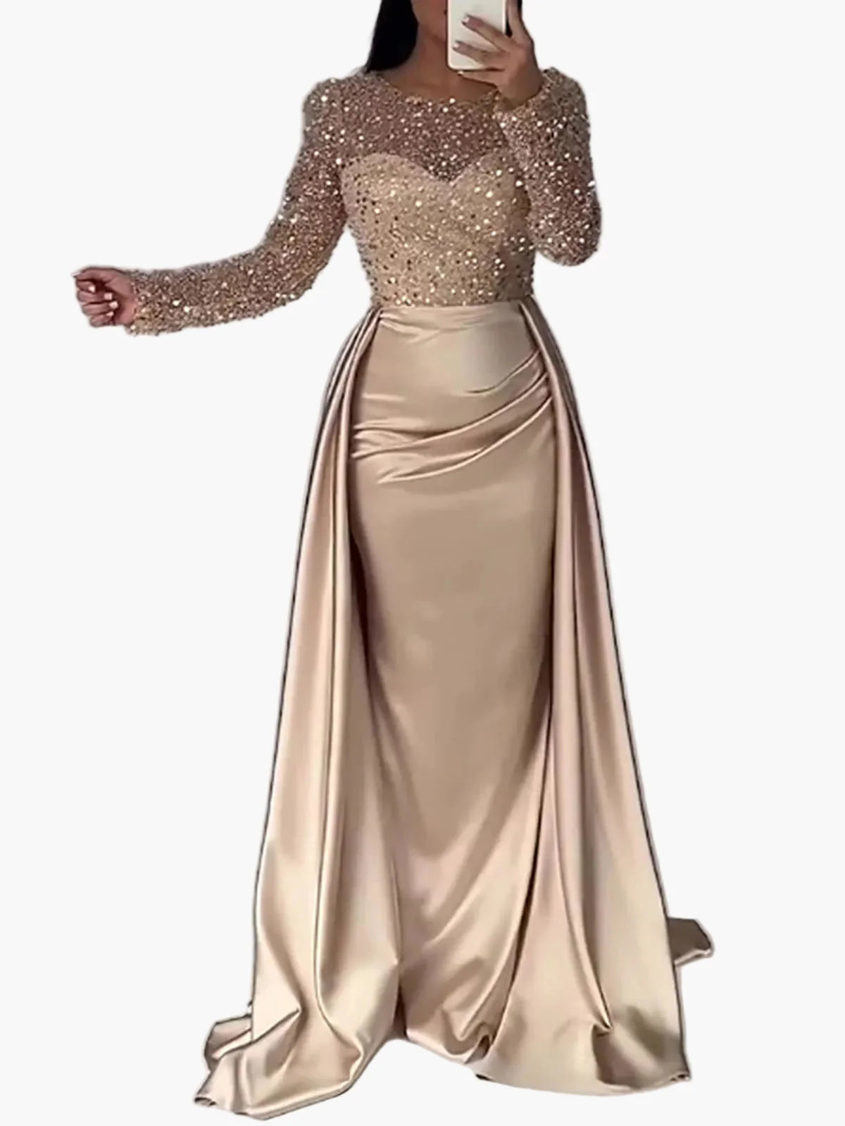 Damen Abendkleid Elegant Festlich Langarm Pailletten Satin Glanz Abendmode