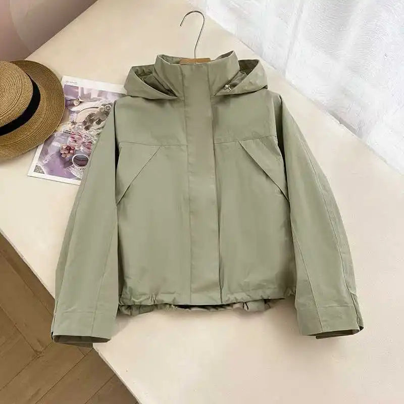 Damen Kurzjacke mit Kapuze Windbreaker Leichte Übergangsjacke