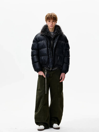 Kurze Steppjacke Herren mit Fellkragen Schwarz gefüttert