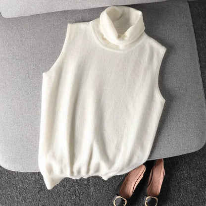Damen Rollkragen Weste Ärmellos Strickpullover Unifarben