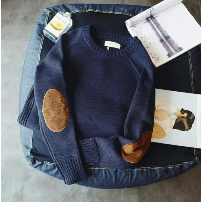 Herren Pullover Rundhals mit Ellbogen-Patches Rippbündchen Strickmuster