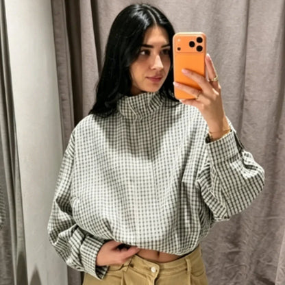 Damen Karo Hemd Stehkragen Oversize Bluse Lange Ärmel