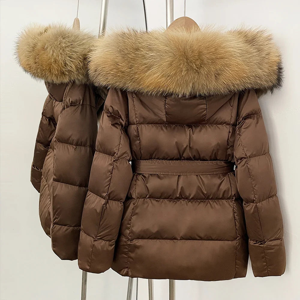 Damen Winter Steppjacke mit Kunstpelzkragen und Gürtel