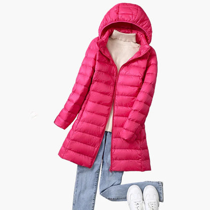 Damen Winter Steppmantel mit Kapuze – Leichter, langer Daunenmantel für Alltag & Outdoor