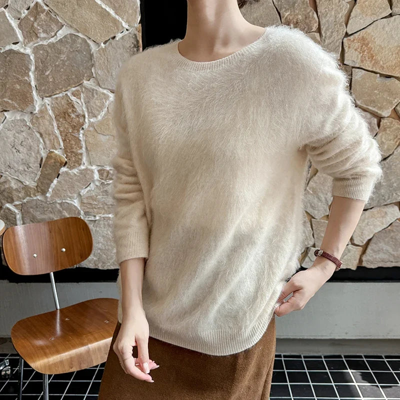 Damen Pullover flauschig weich Rundhalsausschnitt Langarm Strickpullover