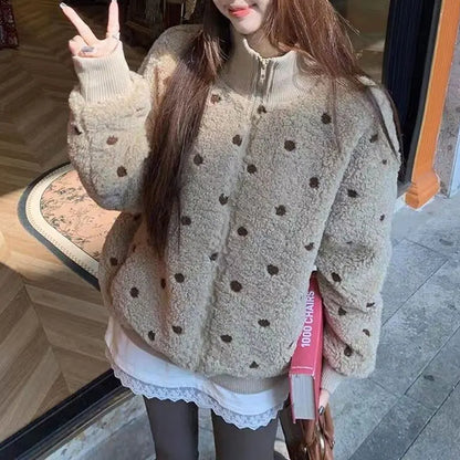 Damen Teddy Fleece Jacke Punkte Stehkragen Reißverschluss Beige
