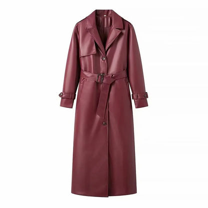 Trenchcoat Damen Lang Kunstleder Glänzend mit Gürtel