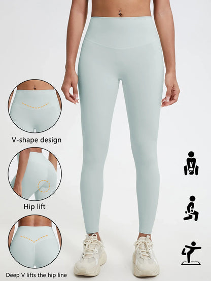 Damen Sport Leggings Hochbund V-Design Bauchkontrolle Yoga Fitness Hose