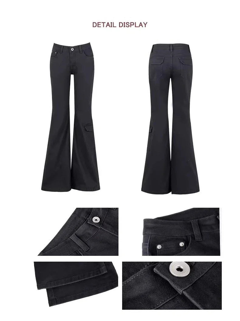 Damen Cargo Hose Weites Bein Dunkelgrau Low Waist Flare Jeans