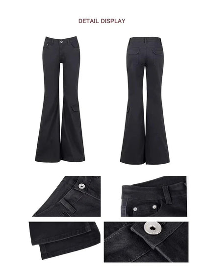 Damen Cargo Hose Weites Bein Dunkelgrau Low Waist Flare Jeans