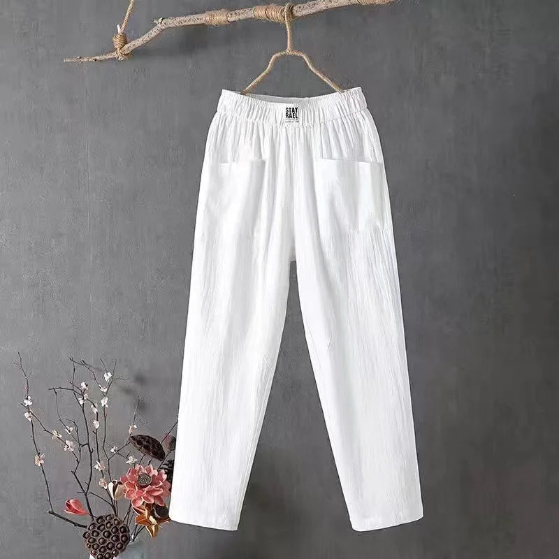 Damen Leinenhose Weites Bein Elastischer Bund Hoher Taille Mehrfarbig