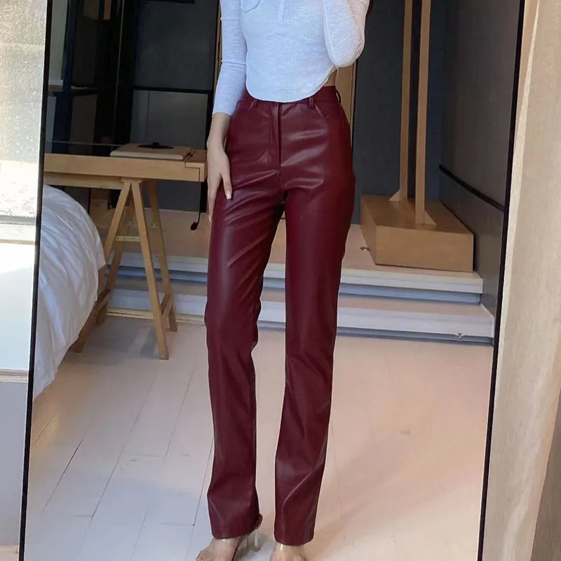 Damen Kunstleder Hose Weites Bein – Hochgeschnittene Hose mit glänzender Optik in verschiedenen Farben
