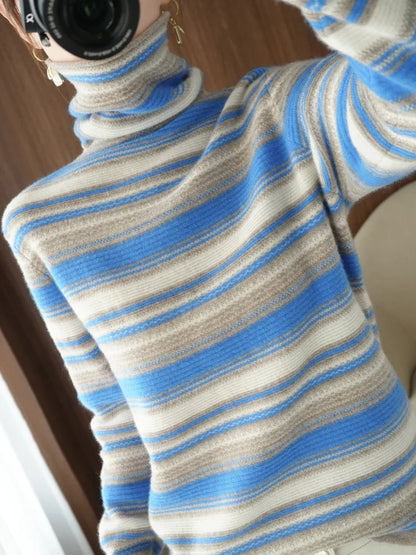 Damen Strickpullover mit Rollkragen – Modischer Streifenpullover für Herbst und Winter