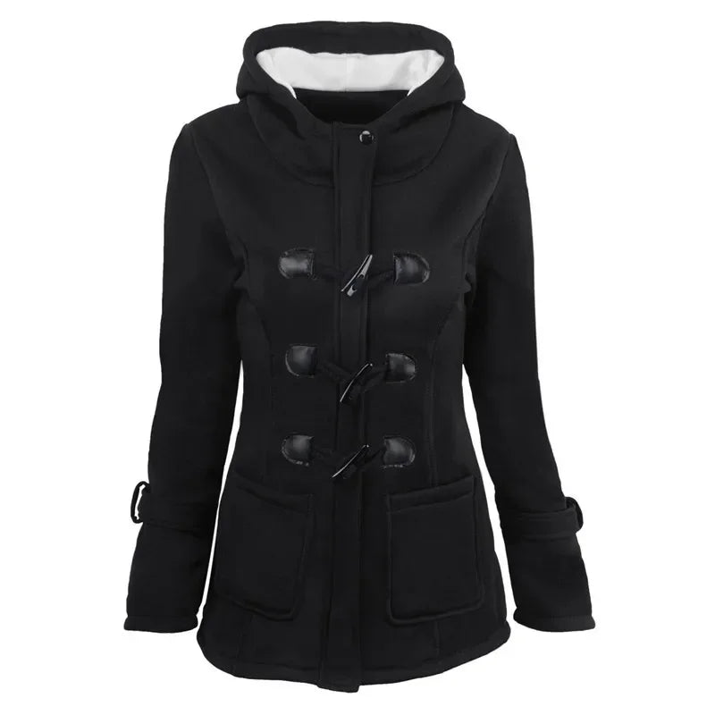 Damen Dufflecoat Jacke mit Kapuze und Knebelverschlüssen, warm gefüttert