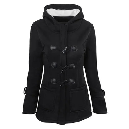 Damen Dufflecoat Jacke mit Kapuze und Knebelverschlüssen, warm gefüttert