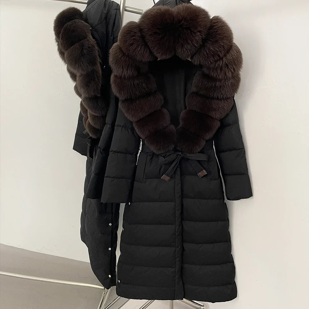 OFTBUY Grote Echte Vos Bontkraag X-Lange Puffer Jas Vrouwen Capuchon Winter Witte Eend Down Jas Dikke Vrouwelijke parka Met Riem