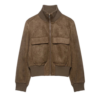 Damen Bomberjacke aus Wildleder-Optik mit Stehkragen und Taschen