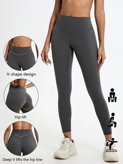 Damen Sport Leggings Hochbund V-Design Bauchkontrolle Yoga Fitness Hose