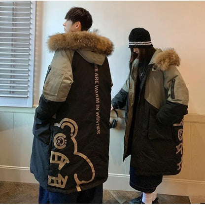 Unisex Winterparka mit Kapuze und Fellimitatbesatz – Zweifarbig, Langer Schnitt