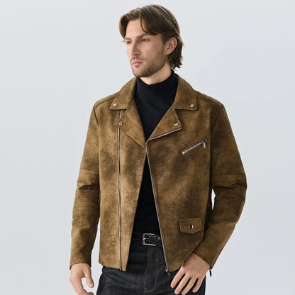 Herren Bikerjacke Wildleder-Optik Asymmetrischer Reißverschluss Braun