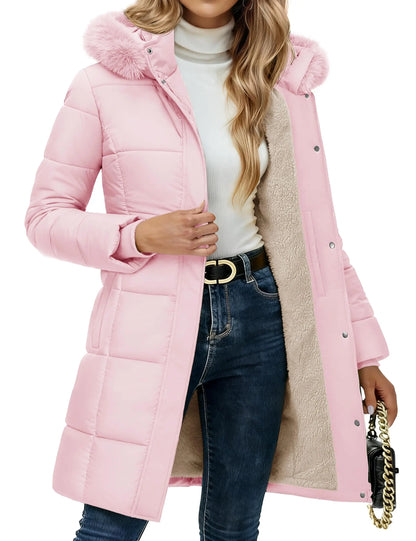 Damen Winterparka gesteppt mit Kunstfellkapuze und Teddyfutter