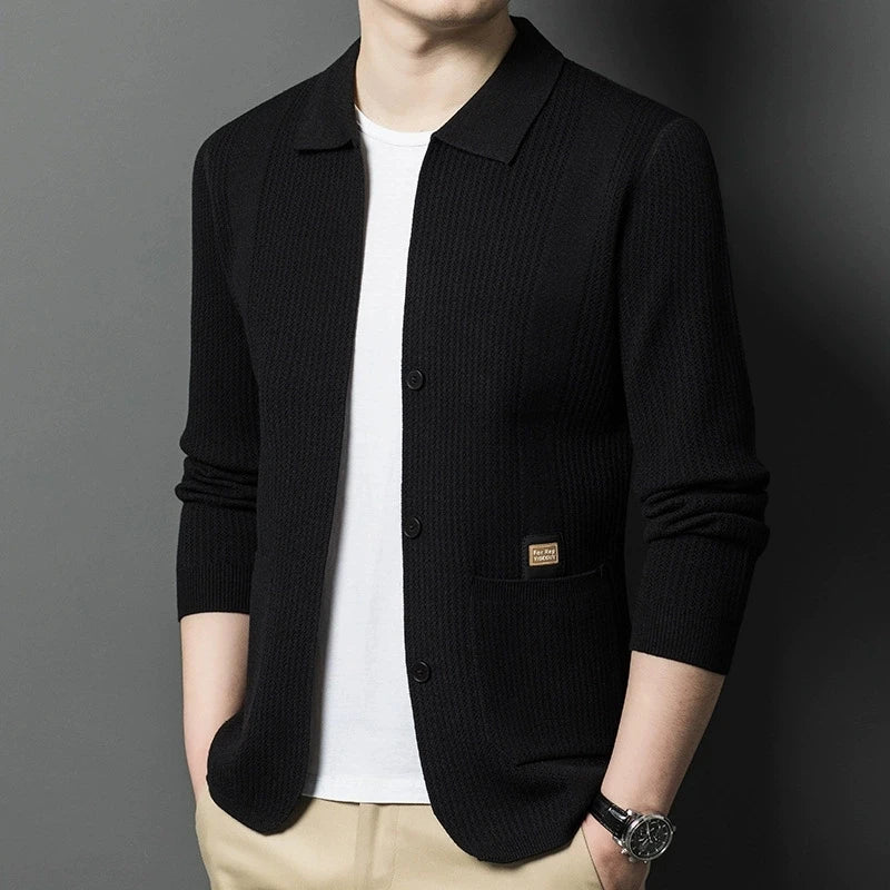 Herren Cardigan Strickjacke gerippt Reverskragen Beige