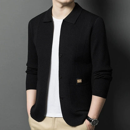 Herren Cardigan Strickjacke gerippt Reverskragen Beige