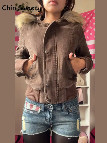 Damen Bomberjacke mit Kapuze und Fellimitatbesatz Kurz