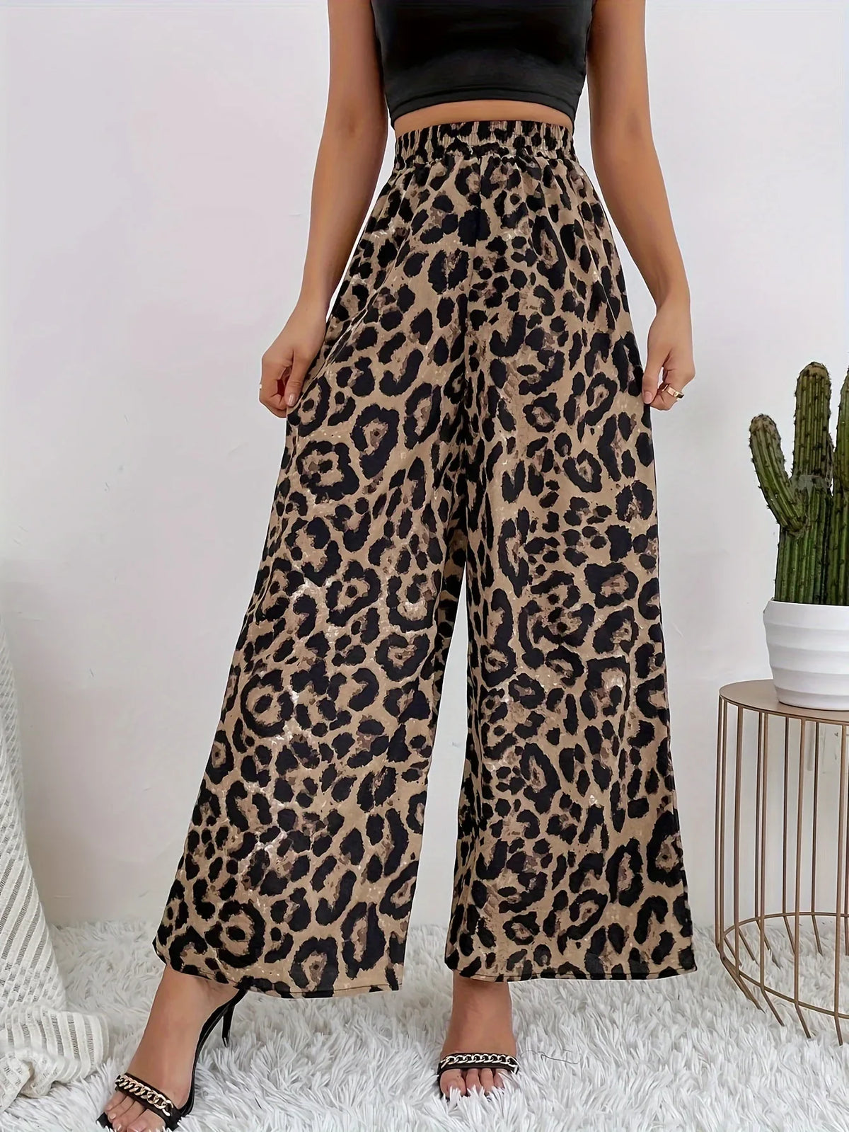 Damen Palazzo Hose Leo-Print Weites Bein