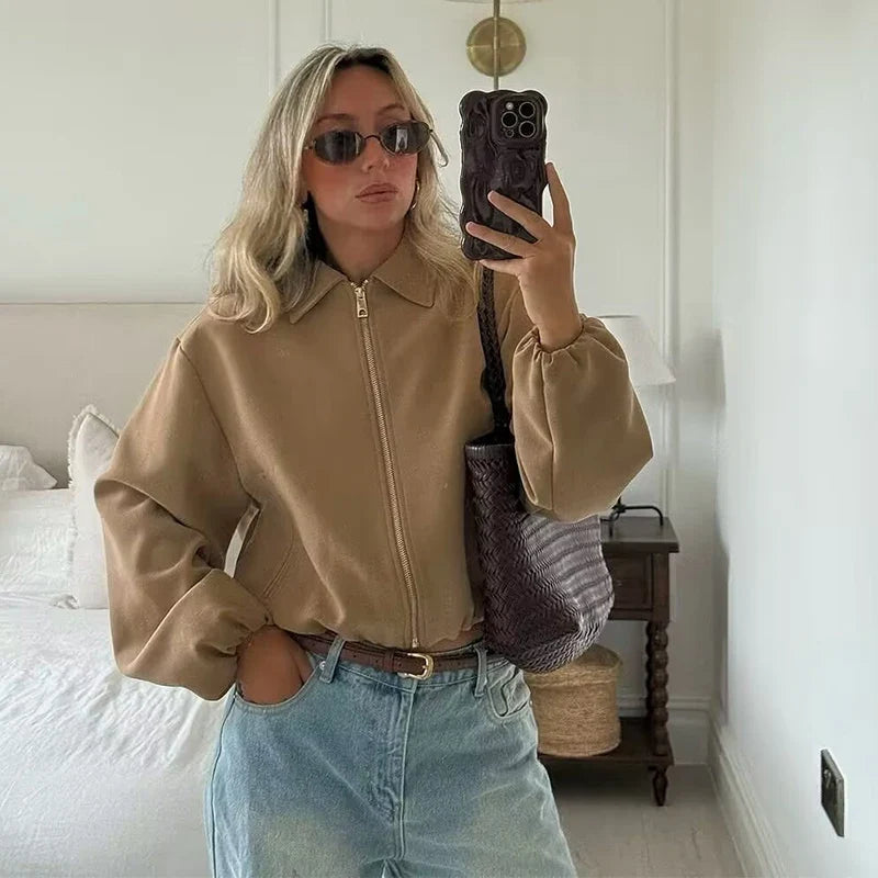 Damen Kurzjacke mit Reißverschluss und Kragen Oversized