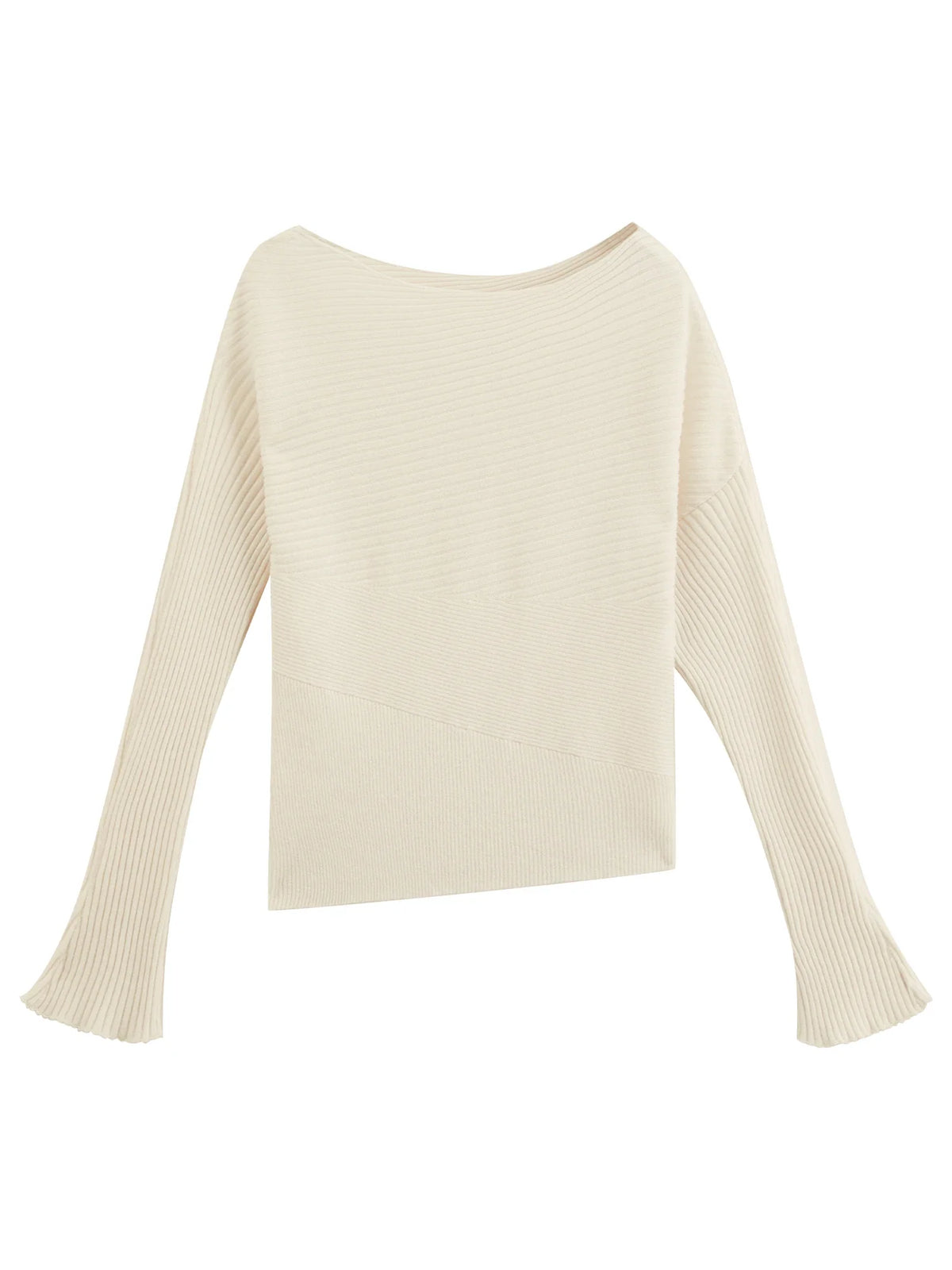 Damen Rippstrick Pullover U-Boot-Ausschnitt Langarm Beige