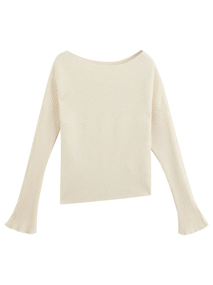 Damen Rippstrick Pullover U-Boot-Ausschnitt Langarm Beige