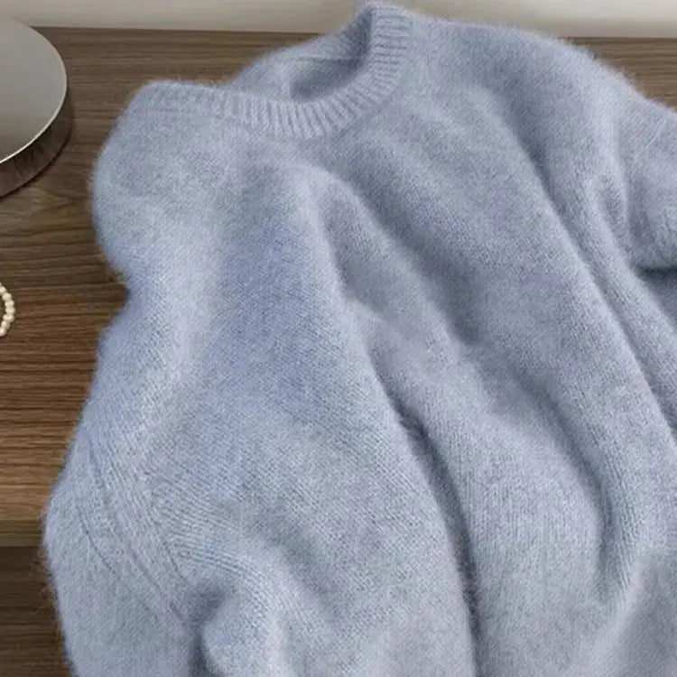 Damen Flauschiger Strickpullover Rundhals Langarm Weich