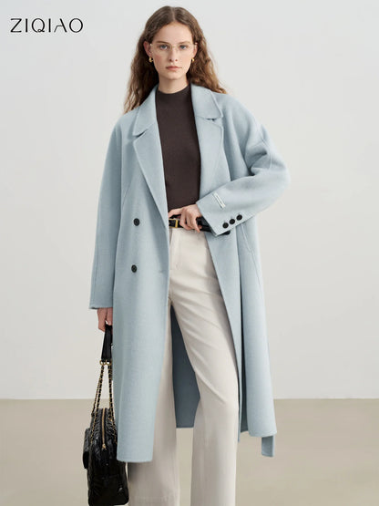 Damen Langer Mantel Zweireihig Hellblau Uni Wintermantel