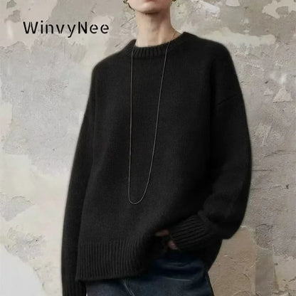 Damen Oversize Strickpullover Rundhals Langarm Rippbündchen