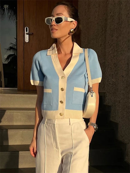 Kurzärmeliger Damen Cardigan mit Kragen & Taschen, Hellblau/Creme