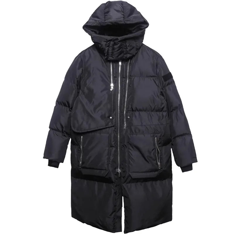 Unisex Langer Steppmantel Schwarz mit Kapuze Reißverschlüssen Winter