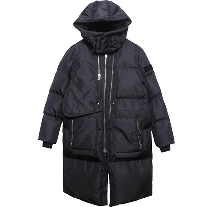 Unisex Langer Steppmantel Schwarz mit Kapuze Reißverschlüssen Winter