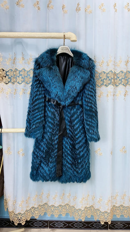 Damen Langer Mantel aus Kunstfell mit Chevron-Muster und Kragen