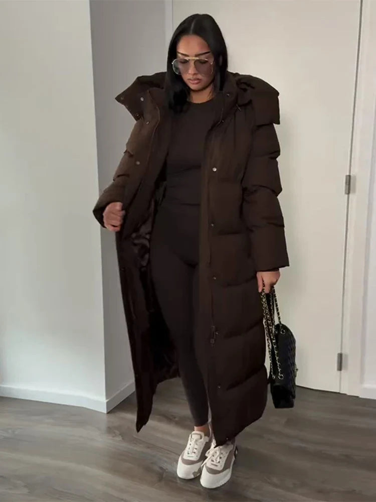 Damen Maxi-Steppmantel lang mit Gürtel und Kapuze oder Stehkragen